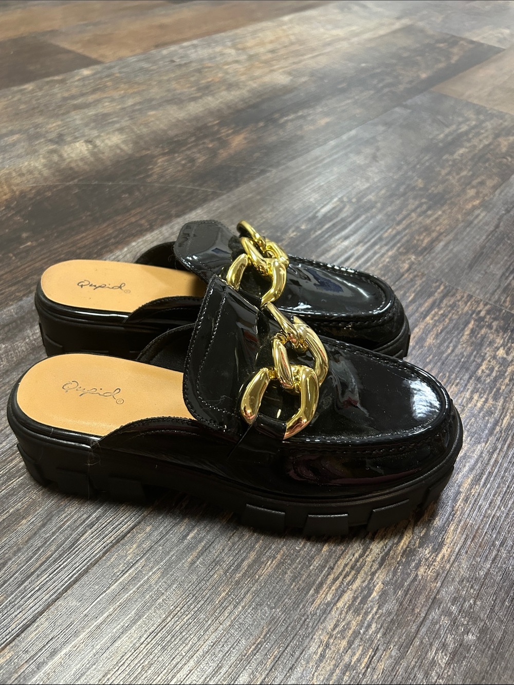 Qupid Black Patent Loafer Mules with Gold Chain Accent